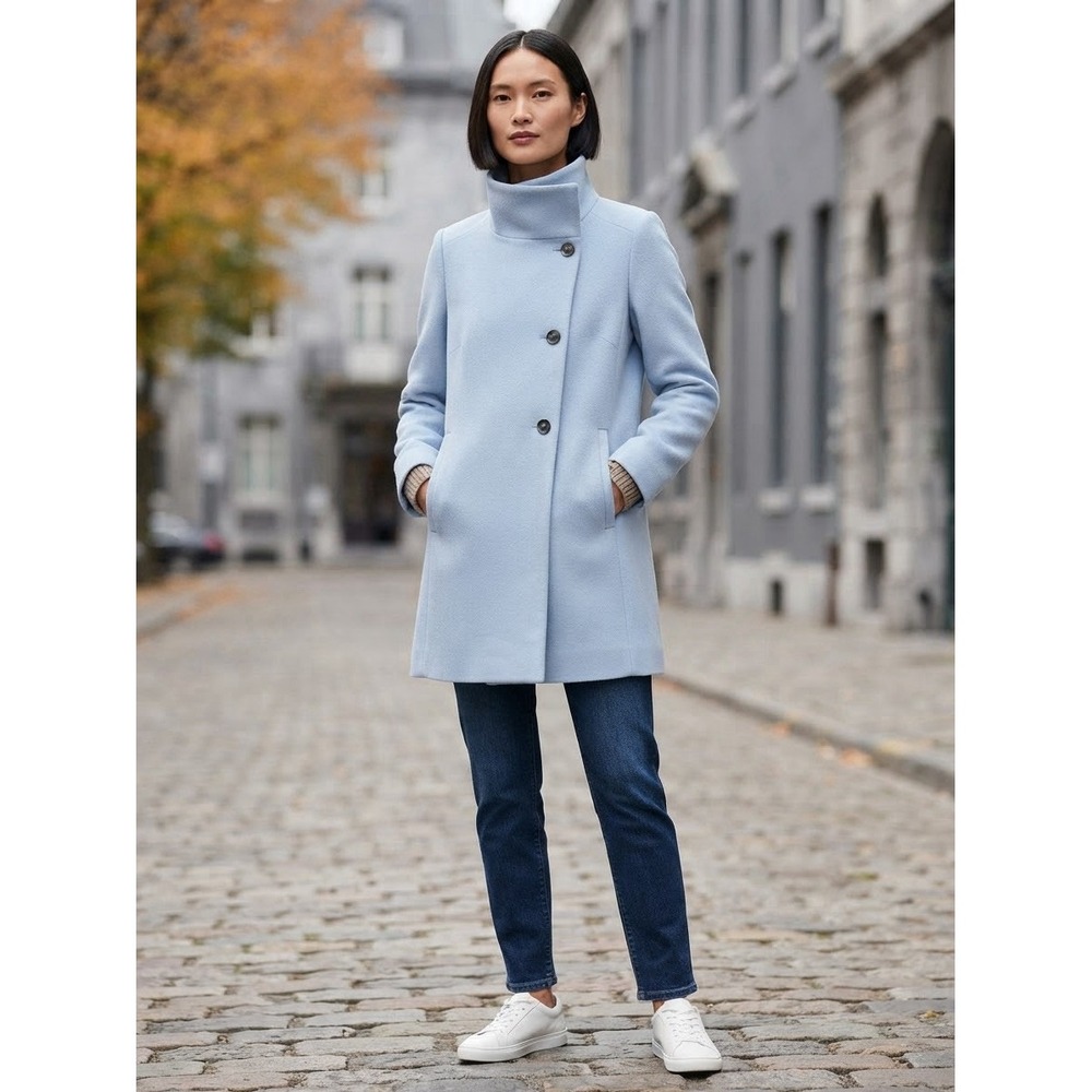 Ann Taylor Peacoat Coat Jacket Light Blue Funnel Neck Front Pockets Size Small